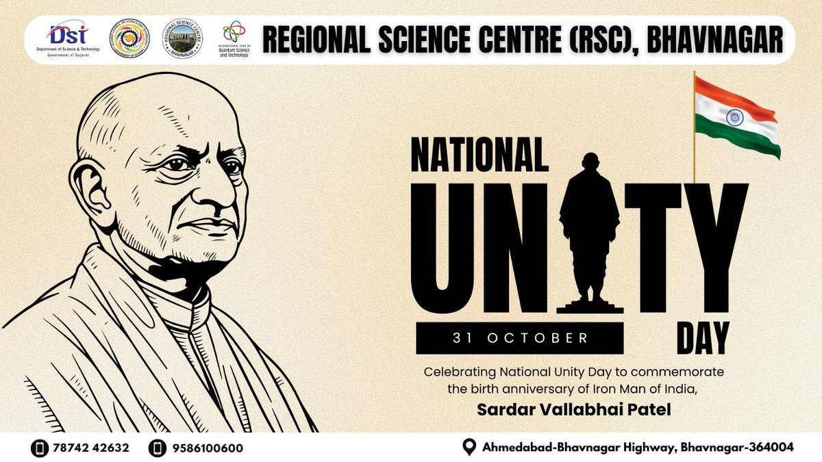 <a href="/RSCBhavnagar/">Regional Science Centre (RSC)Bhavanagar</a> UNITY is nurtured
 U–Unite science with society
 N–Nurture innovation
 I–Inspire young minds
 T–Transfer knowledge
 Y–You,we &amp; all Indians committed for Nation building 
Let's celebrate #RashtriyaEktaDiwas with UNITY &amp; scientific spirit for #EkBharatShreshthaBharat