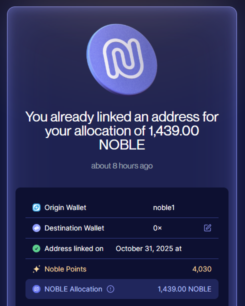onchainlemon's tweet image. I’ll assume this is just a pre-registration for the $NOBLE TGE. We’ve got until the end of the year to do this, does that mean the TGE will take place next year? Really curious to see what Applayer is about and how NOBLE’s integration with Hyperliquid will play out.