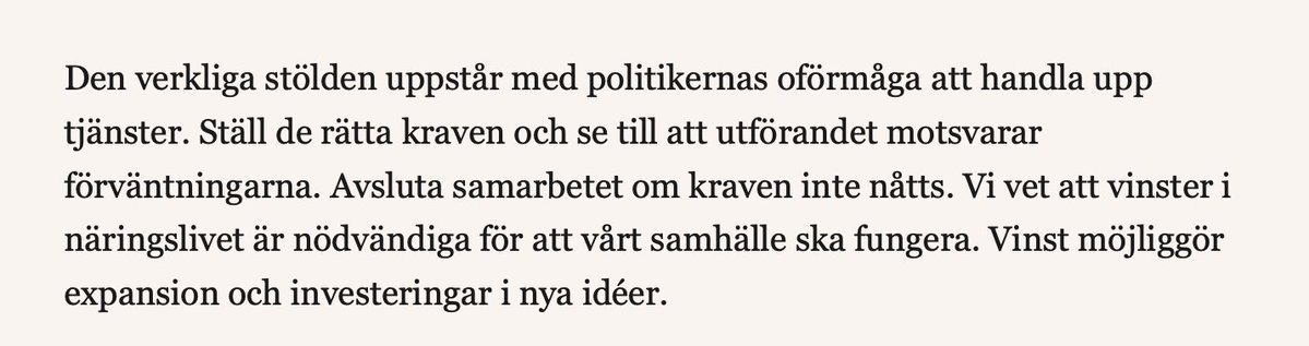 Blir mer och mer övertygad om att näringslivets stöd för marknadsskolan beror på ENORM okunskap om hur friskolemarknaden fungerar. Det finns inga möjligheter för kommunpolitiker att handla upp friskolor, ställa krav på dem eller avsluta "samarbetet". di.se/debatt/vinst-a…