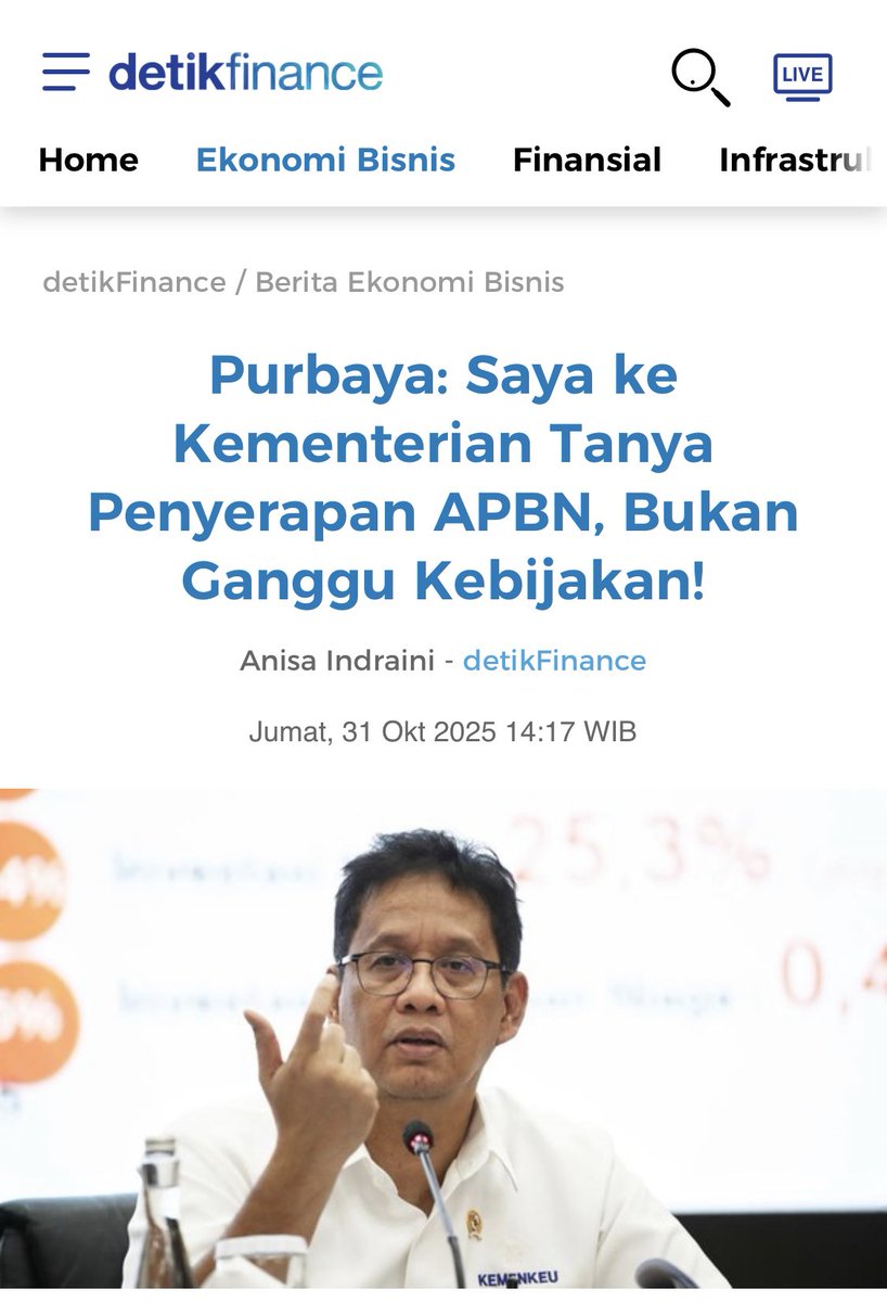 Kalo sampai Purbaya harus turun tangan nanya serapan APBN ke kementerian, lalu malah dituduh “ganggu kebijakan”…
Sepertinya ada sesuatu yang lebih besar dari sekadar soal teknis.

Hmmm🤔 ada apa ya?