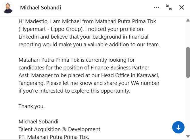 Alasan kenapa lu selalu update linked in, dan terus update terus. Karena bakalan ada waktu dimana lu dilihat ketika lu punya value. Even lo ga lolos proses recruitment, seengganya ada perusahaan atau manusia yang melihat value based on apa yang lo kerjakan.