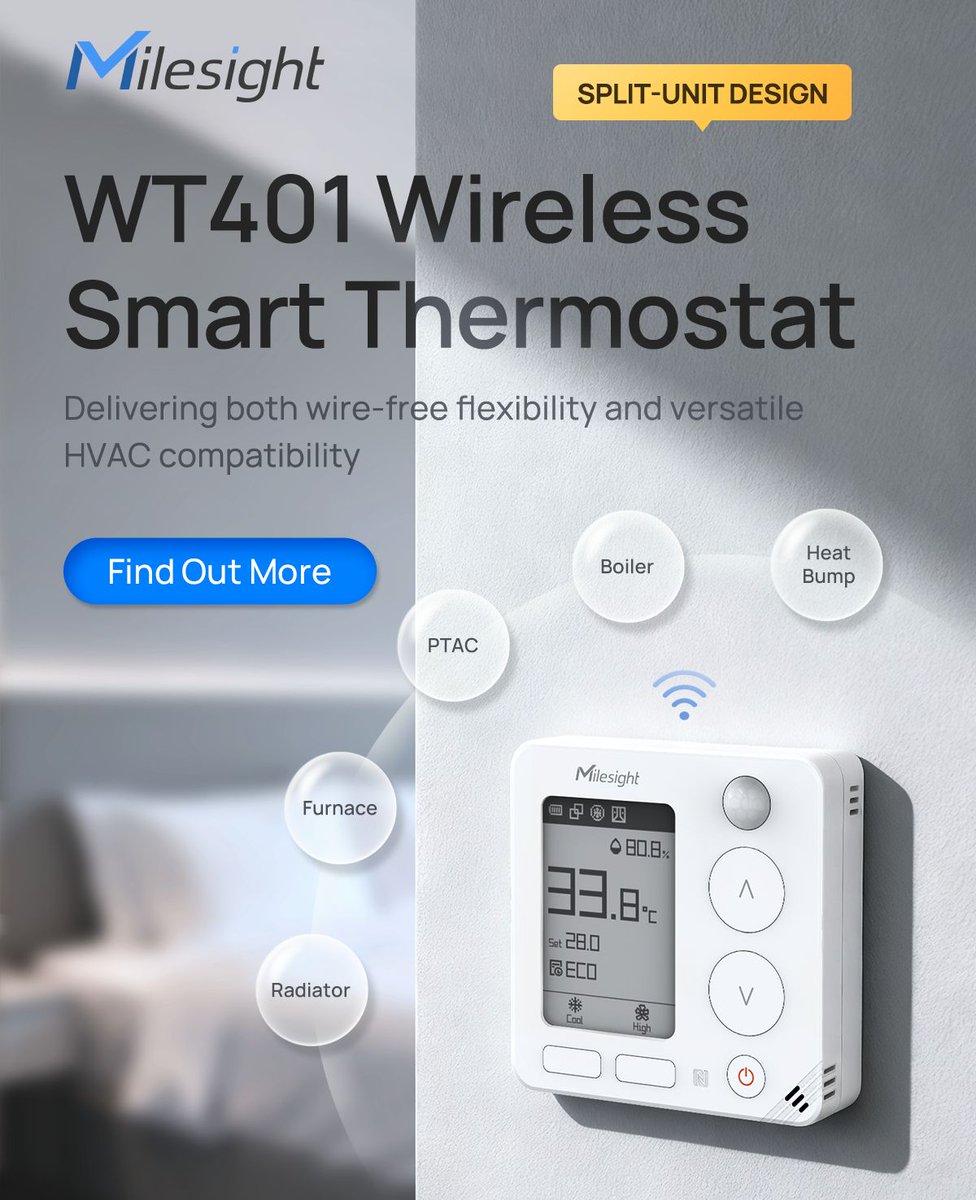 MilesightIoT's tweet image. Tired of complex wiring in your HVAC projects? Meet the WT401 Wireless Smart Thermostat — with a split-unit design for wire-free flexibility, E-ink display, occupancy detection, and remote management. Explore more: milesight.com/iot/product/lo…