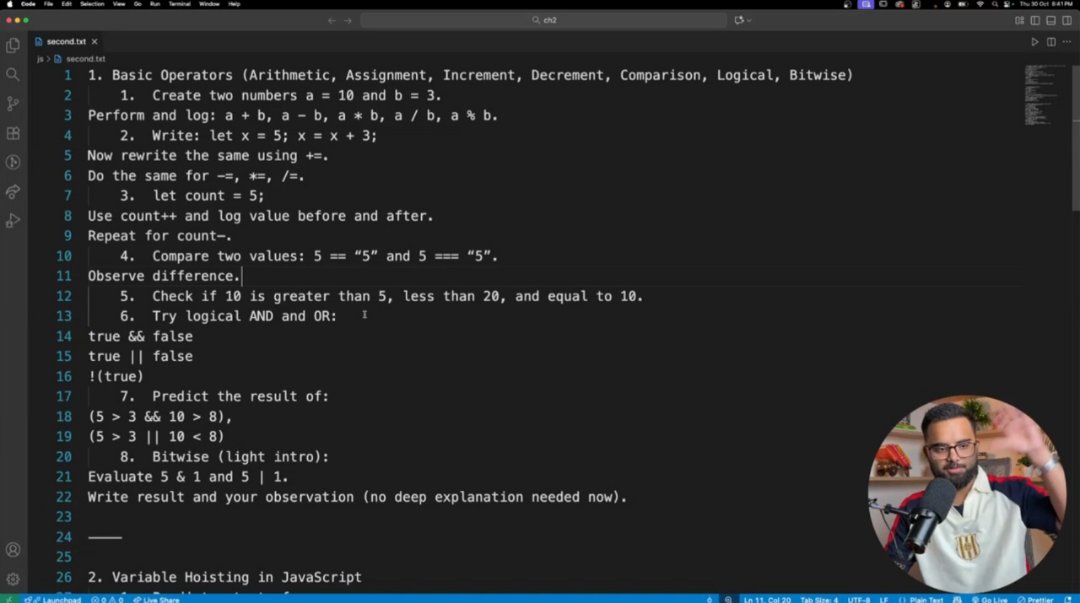 Dev_Harsh22's tweet image. 🗓️ Day 20 of my Cohort 2.0 🚀 
Today we practiced JavaScript operator questions and cleared concepts through hands-on examples 💻✨
Also had a great job-related discussion about interviews, consistency & growth 💼
#Day20 #MERN
#javascriptframeworks 
#Cohort2