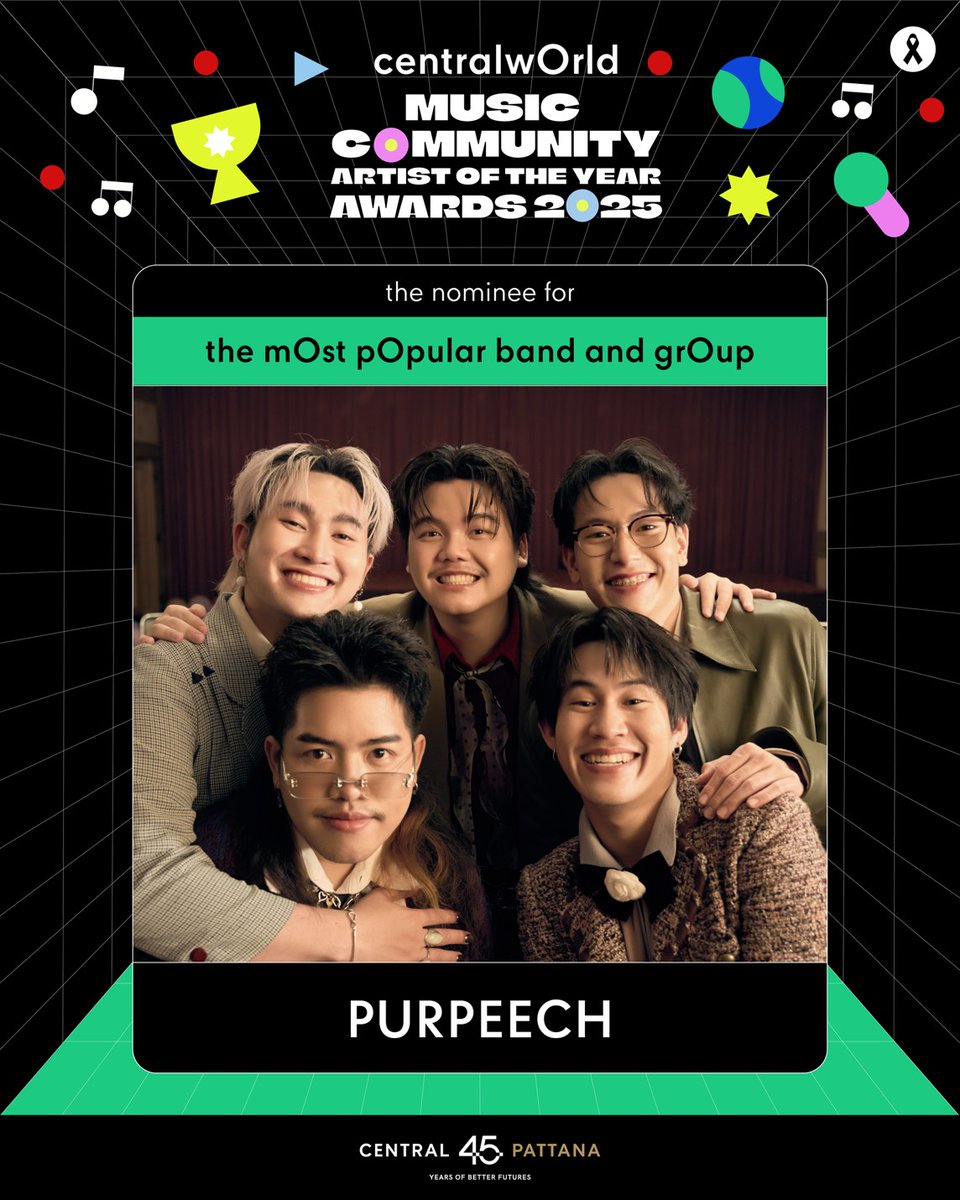 centralwOrld's tweet photo. เริ่มโหวตแล้ว CTW Music Community Artist Of The Year Awards 2025 รีบมาโหวตให้ PURPEECH ใต้โพสต์นี้กันได้เลย!

📢 สามารถโหวตตั้งแต่วันนี้ - 14 พ.ย. 2568
(สิ้นสุดการโหวตที่เวลา 18:00 น. ของวันที่ 14 พ.ย. 2568)

กติกาการโหวต centralwOrld Music Community Artist Of The Year Awards 2025
- สามารถโหวตให้กับศิลปินได้ 4 ช่องทาง ได้แก่ Facebook, Instagram, X และ TikTok ของ centralwOrld
- สำหรับช่องทาง Facebook สามารถโหวตให้กับศิลปินโดยสามารถ Like ใต้ภาพศิลปินนั้น ๆ คะแนนโหวตนับจากยอดรวมของการ Like ใต้ภาพนั้น ๆ ของแต่ละศิลปิน (หมายเหตุ: นับยอดรวม Like, Love, Care, Haha, Wow ไม่นับรวม Sad, Angry)
- ช่องทาง X คะแนนโหวตนับจากยอด Repost รวมกับยอด Like ของแต่ละศิลปิน
- ช่องทาง Instagram คะแนนโหวตนับจากยอด Like ของแต่ละศิลปิน
- ช่องทาง TikTok คะแนนโหวตนับจากยอด Like ของแต่ละศิลปิน

- ศิลปินหรือกลุ่มศิลปินที่มียอดรวมคะแนนโหวตสูงสุด จากทั้ง 4 ช่องทาง ได้แก่ Facebook, Instagram, X และ TikTok ของ centralwOrld จะได้เป็น The Winner ในแต่ละหมวด ทางศูนย์การค้าเซ็นทรัลเวิลด์ จะนำ Music Video, ภาพ หรือเพลงของศิลปินนั้น ๆ ในแคมเปญ centralwOrld Music Community ขึ้นจอ The panOramix , centralwOrld Void Screen, Entrance A,B และ จอ Digital ทั่วเซ็นทรัลประเทศไทย โดยจะประกาศผลในวันที่ 24 พฤศจิกายน 2568

หมายเหตุ:
* โพสต์เพื่อการโหวตทั้งหมดจะถูกตั้งเวลาให้เผยแพร่พร้อมกันในเวลา 11:00 น. ของวันที่ 3 พฤศจิกายน 2568 อย่างไรก็ตามอาจมีความคลาดเคลื่อนในเวลาและลำดับการเผยแพร่เนื่องจากข้อจำกัดทางเทคนิค
** ศิลปินที่มีชื่อร่วมเข้าชิงรางวัลเป็นการตอบรับจากทางค่ายเพลงและศิลปิน เพื่อเข้าร่วม CTW Music Community Artist Of The Year Awards 2025
* Music Video ของผู้ที่มีผลโหวตมากที่สุดที่ใช้ในการออนแอร์ จะเป็นเพลงที่เคยลงในแคมเปญ centralwOrld Music Community เท่านั้น
* การโหวต CTW Music Community Artist Of The Year 2025 นับศิลปินที่เข้าร่วม centralwOrld Music Community ตั้งแต่วันที่ 1 ม.ค. 2568 - 31 ต.ค. 2568

#centralwOrld #CTWMusicCommunity
#CTWMusicNewRelease #CTWArtistOfTheYearAwards2025