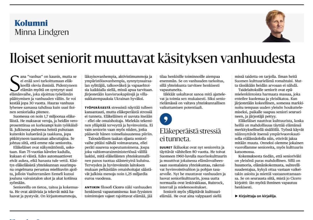 HS 31.10.2025
"Iän myötä ihminen vapautuu henkisesti"
Niinpä!