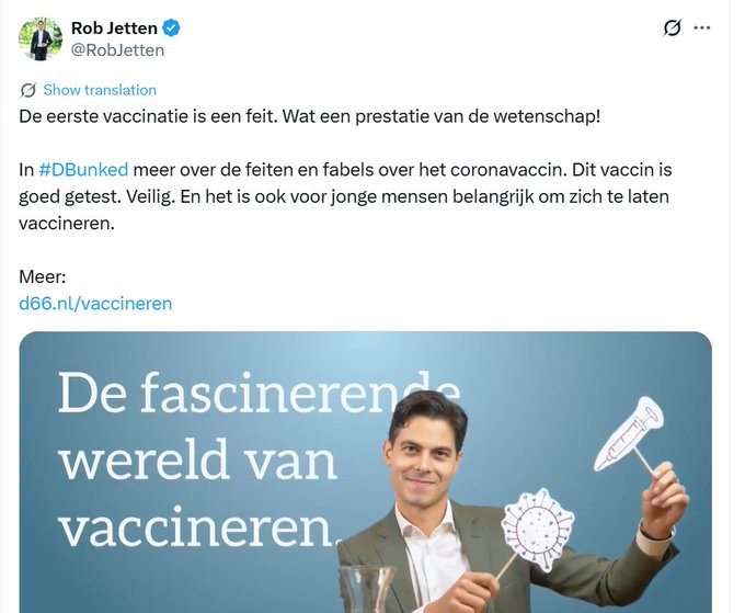Rob Jetten op 6 januari 2021. 'Dit vaccin is goed getest'

Voor Corona was reclame voor nieuwe medicijnen verboden.

Vanaf Corona werd informed consent door huisartsen als een gevaar voor de Volksgezondheid gezien door de minister van VWS en werd de <a href="/IGJnl/">Inspectie Gezondheidszorg en Jeugd</a> op hen afgestuurd.