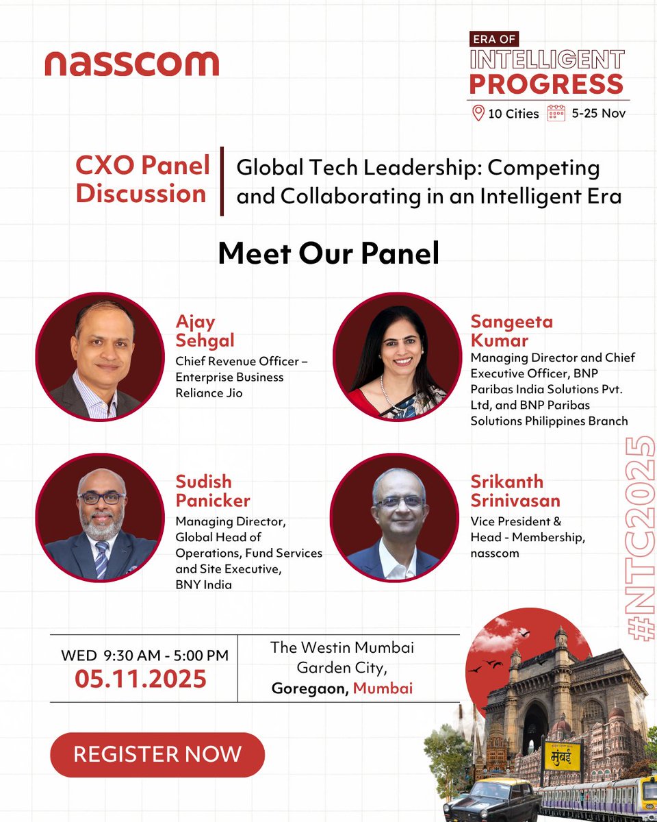 Compete. Collaborate. Co-create.
The new playbook for global tech leadership is layered.

In this CXO conversation at #NTC2025 Mumbai, Ajay Sehgal (Reliance Jio), Sangeeta Kumar (BNP Paribas India Solutions), Sudish Panicker (BNY India), and Srikanth Srinivasan (nasscom), will