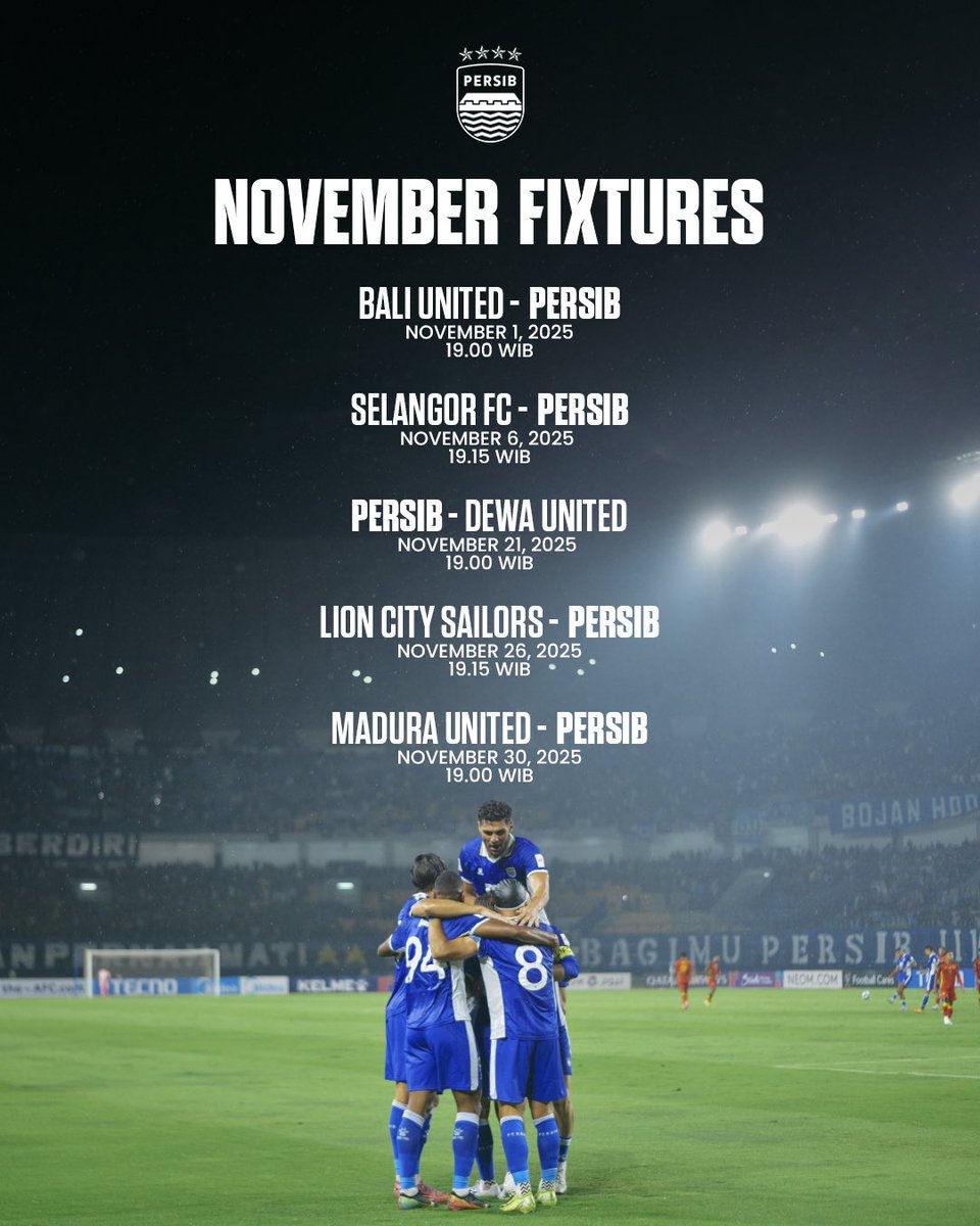 persib's tweet photo. November membuka babak baru perjuangan.
Tiga laga di Super League dan dua di Asia menanti untuk ditaklukkan.
Langkah pertama dimulai besok, menghadapi Bali United. 

Saatnya berikan yang terbaik di setiap langkah! 👀👊

#WeArePERSIB https://t.co/pLd7W9q1Jv