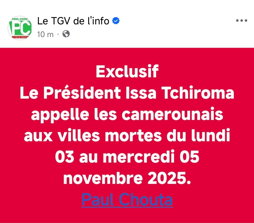 Exclusif
Le Président Issa Tchiroma appelle les camerounais aux villes mortes du lundi 03 au mercredi 05 novembre 2025.
Paul Chouta