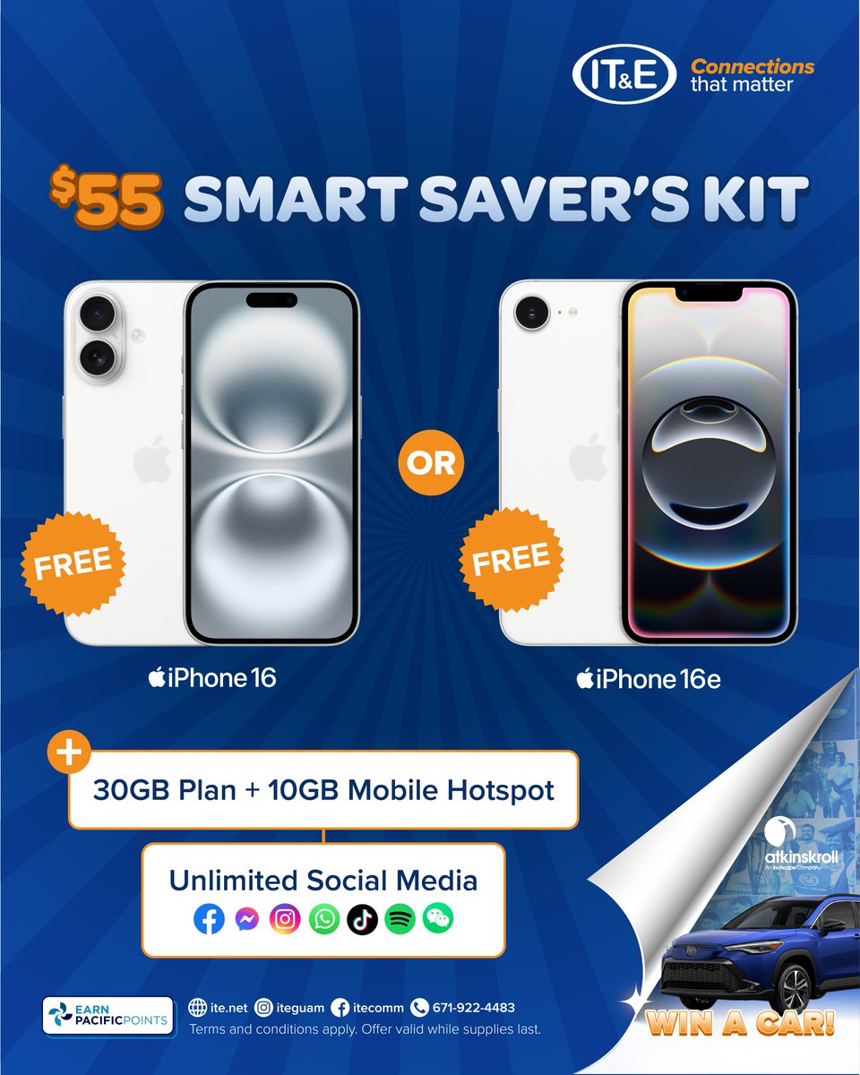 Stay Connected with the Smart Kit! 🤩

Get a FREE iPhone 16 or 16e, 30GB plan, 10GB hotspot, and unlimited social media for just $55/month with our Apple Smart Savers Kit. Plus, WIN a brand-new Corolla Cross with AK when you activate or renew. ✨ Ends 2.28.26

T&amp;Cs apply.