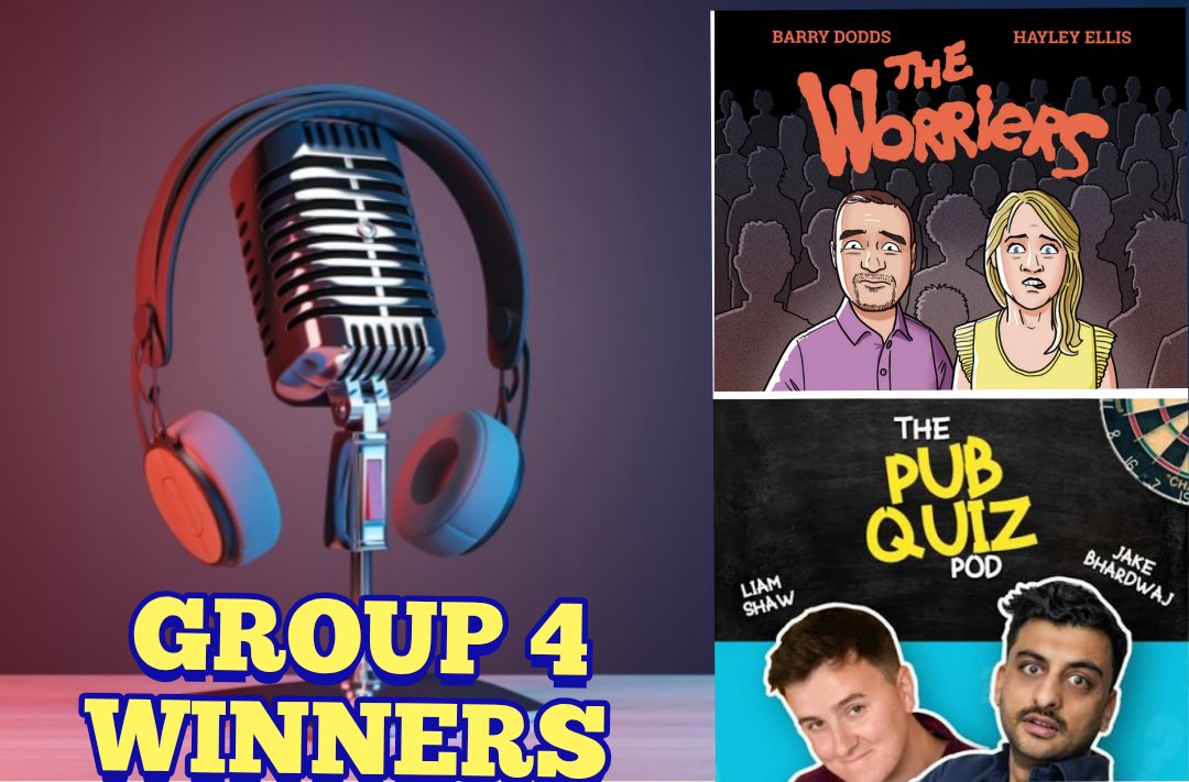 #IndieComedyPodcastWorldCup

Group 4

Congratulations to <a href="/TheWorriersPod/">The Worriers Podcast</a> and #PubQuizPod for qualifying to the next round. Thanks to everyone who voted.
