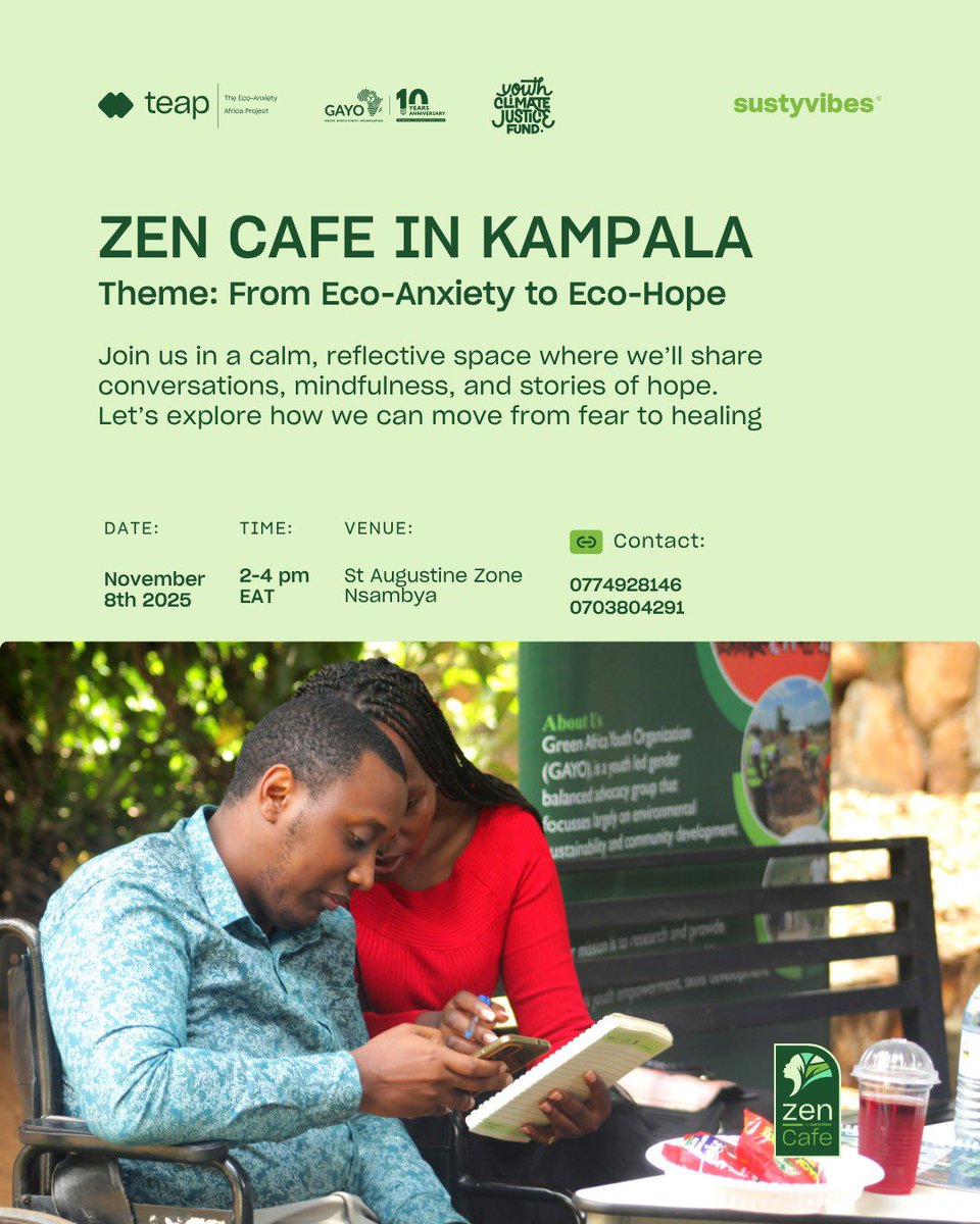 Greenhomeland1's tweet photo. From #EcoAnxiety to #EcoHope
Join us in a calm, reflective space where we will share conversations and mindfulness stories of hope with grass-root women in Makindye Divison.
Date:8th Nov 2025
Time:2:00-4:00pm
Venue:St Augustine Zone Nsambya
#ZenCafe
#ZenGuardian https://t.co/mdnUld5EeS