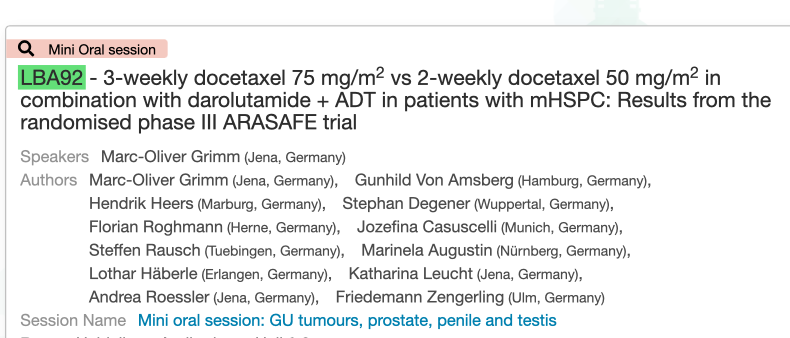 The ARASAFE trial Presented at #ESMO25 
3-weekly docetaxel 75 mg/m2 vs 2-weekly docetaxel 50 mg/m2 in combination with darolutamide + ADT in patients with mHSPC

cslide.ctimeetingtech.com/esmo2025/atten…

The phase 3 ARASAFE trial (NCT05676203) compared standard docetaxel💊 75 mg/m² every 3 weeks