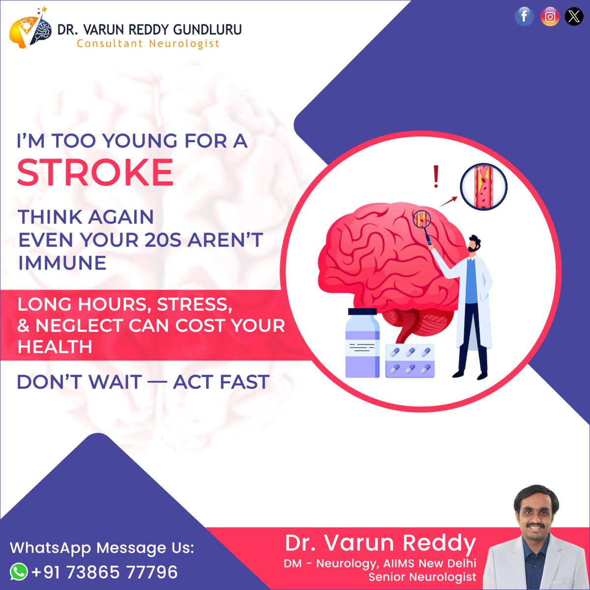 Drvarunneuro's tweet image. Don’t Think You’re Too Young to Get a #Stroke!
Even in your #20s, a stroke can happen. Long #WorkHours, constant #Stress, and #NeglectingHealth increase your risk.

Website: drvarunneurologist.com

#DrVarunReddy #BestNeurologist #Malakpet #Hyderabad #Neurologist
