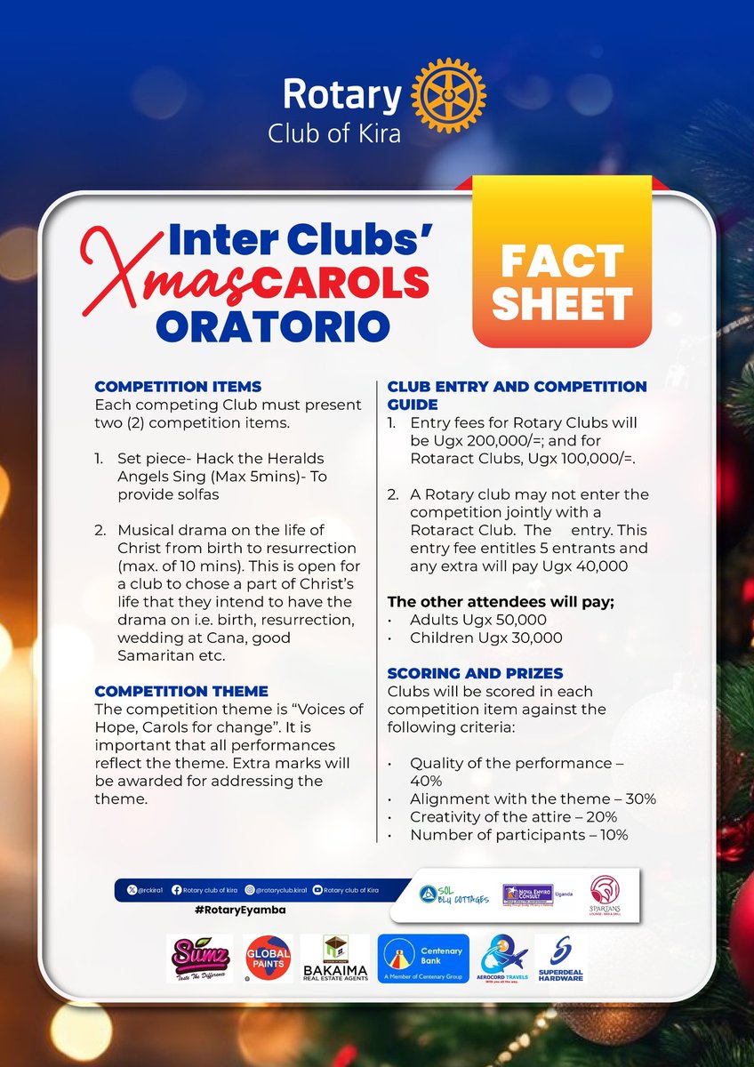 Receive the facts sheet for the Interview Clubs' Xmas Carols Oratorio.

From the competition items to Scoring and Prize 🏆🏆🏆 .
Be there and feel the Christmas 🎁 in style 
#RotaryEyamba
#XmasCarolOratorio