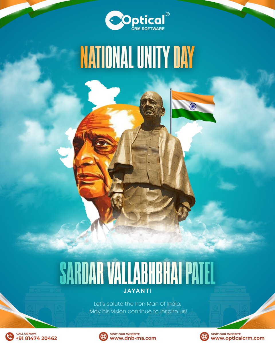 CrmOptical's tweet image. Honoring the Iron Man of India by building unity and clarity🤝💻

#dnbmultiappsllp #opticalcrm #sardarpatel #sardarpateljayanti #ironman #nationalunityday #ironmanofindia #madeinindia #unityday #gujrat #viral