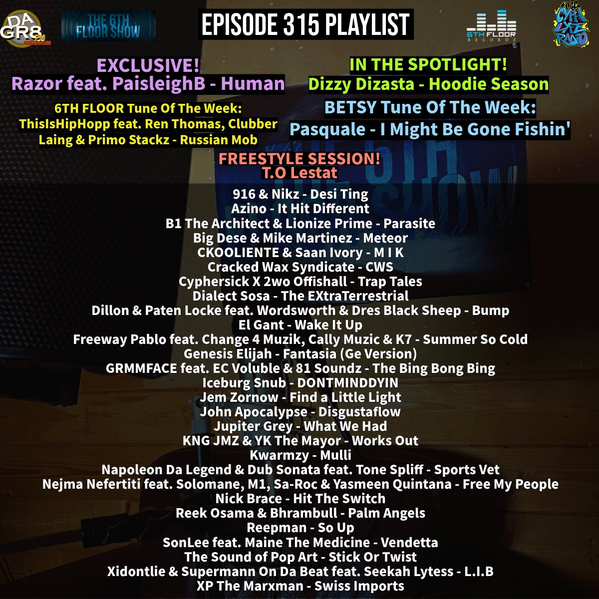 Episode 315 #ComingSoon 04/11/25 #The6thFloorShow

<a href="/Razorartist/">Alter Ego</a> <a href="/PaisleighB/">Pablo Escobooty</a> <a href="/OfficialDizasta/">Dizzy Dizasta</a> <a href="/TO_Lestat/">T.O. Lestat</a> <a href="/916Ent/">916.Ent</a> <a href="/B_1HipHop/">B1 The Architect</a> <a href="/CrackedWax/">Cracked Wax</a> <a href="/Cyphersick/">Brandon Bishop</a> <a href="/2Offishall/">2wo Offishall</a> <a href="/PatenLocke/">PATENLOCKE</a> <a href="/DillonMaurer/">DILLON</a> <a href="/Wordsworth_eMC/">IG: Wordsworthbklyn</a> <a href="/ElGant/">El Gant</a> <a href="/FreewayPabloUK/">Freeway Pablo</a> <a href="/K7_rtb/">K7 Loose👾🔪🚬</a> <a href="/iceburg_snub/">Iceburg Snub 👑</a> <a href="/MeAmJer/">Jem Zornow</a> <a href="/iamjupitergrey/">Jupiter Grey</a>