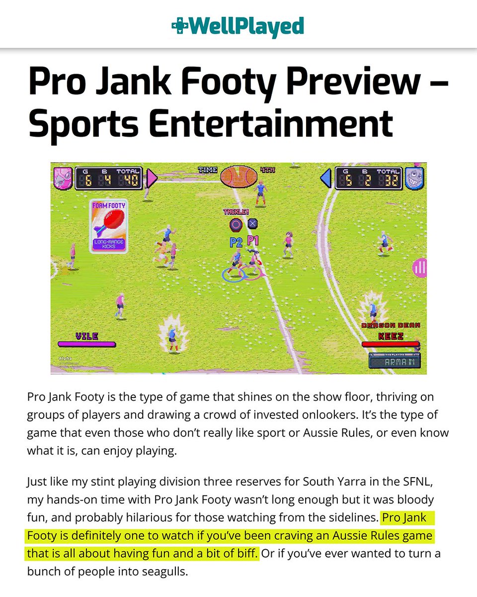 Awesome article from Zach at WellPlayed on PRO JANK FOOTY 🏉 

“One to watch if you’ve been craving an Aussie Rules game that is all about having fun and a bit of biff”

Love it 💪