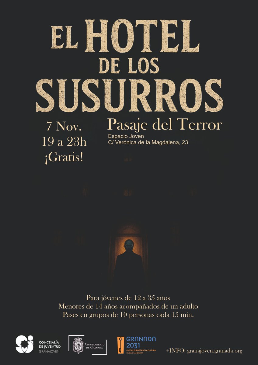 ¿Te atreves a entrar? En este hotel… la estancia es para siempre
7 de noviembre. GRANATERROR
 De 19:00 a 23:00 h
 Entrada GRATIS. Para jóvenes de 12 a 35 años (menores de 14 acompañados)
📷 Pases en grupos de 10 cada 15 min — ¡último pase a las 23:00!
<a href="/aytogr/">Ayuntamiento de Granada</a> <a href="/2031Granada/">2031 Granada</a>