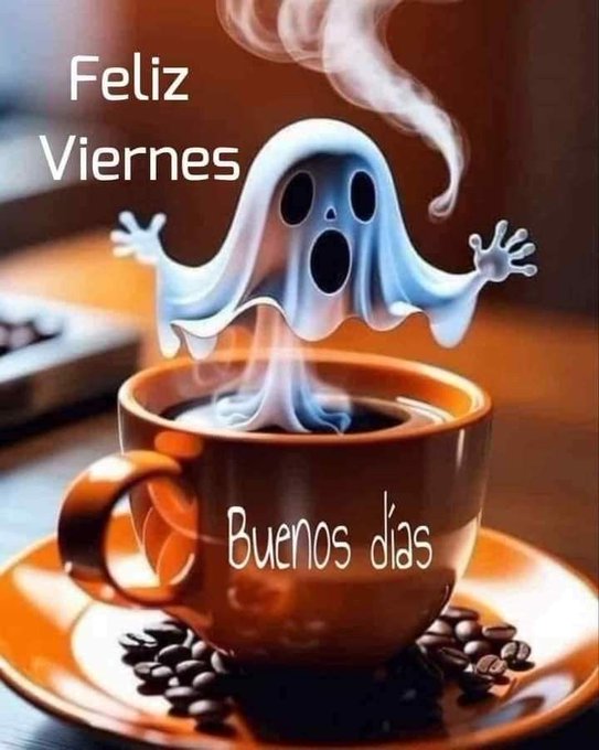 A cartoon white ghost with wide eyes and open mouth emerges from a brown ceramic coffee cup emitting steam, placed on an orange saucer with scattered coffee beans on a warm orange background.