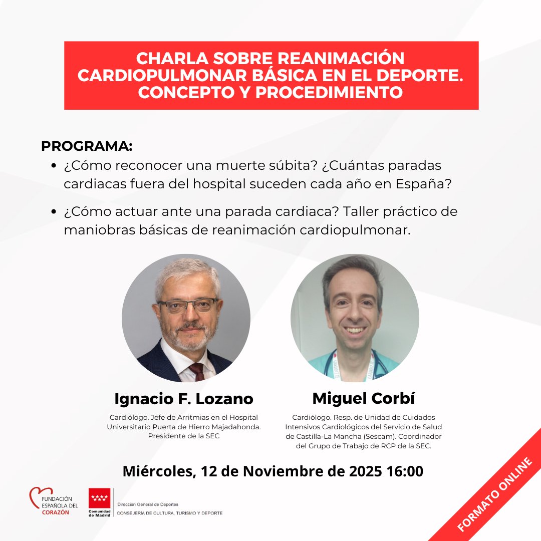 cuidarcorazon's tweet image. 🏃‍♂️Una reacción a tiempo puede #Salvar1Vida
🔴Aprende las maniobras básicas de RCP en el deporte con esta jornada online de la mano de expertos en cardiología.
🔗 Inscríbete aquí: fundaciondelcorazon.com/actualidad/eve…
@ifdezlozano @corbi_miguel