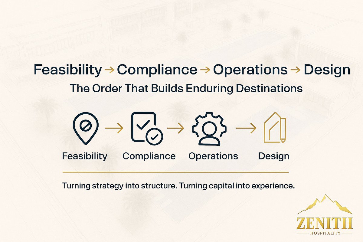 ZenithHospGlob's tweet photo. The strongest teams reverse the order:
Feasibility → Compliance → Operations → Design.
Because beauty without structure bleeds.
And operational blind spots cost more than concrete ever will.
#LuxuryHospitality #InvestmentStrategy https://t.co/aZ0mXkxYnW
