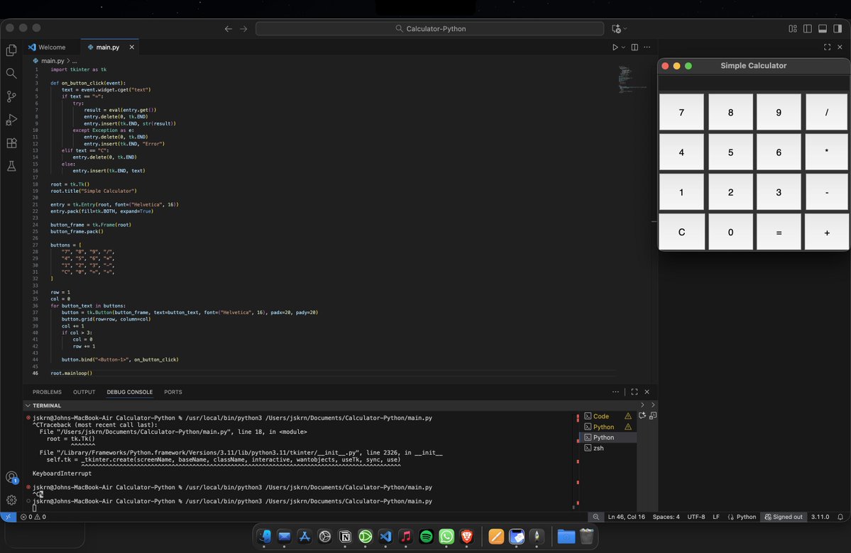 JaskaranJo19851's tweet image. Built a simple calculator today with Python & Tkinter! 🐍 The core on_button_click function uses try...except for error-free results, and I used grid for button layout. Desktop apps made easy! What's your current project? 
#Python #Tkinter #Programming #Calculator #Firstone
