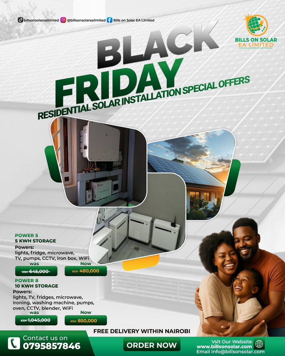 onsolarbills's tweet photo. 8kW Solar System + 10kWh Battery — Now KSh 850k
Power your lights, fridge, TV, microwave, pumps, washing machine &amp; WiFi — even during  Power blackouts!
 Free delivery within Nairobi!
 Limited-time  offer!
 Tel: 0795 857 846
Visit: https://t.co/dc4dCZjNWR
📷 info@billsonsolar.com https://t.co/J5G8w4bmeH