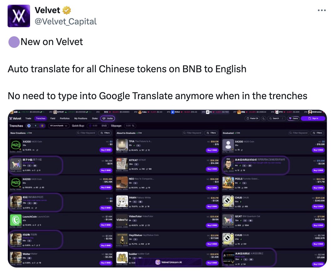 yagmursken's tweet photo. Velvet Capital has added an auto-translate feature for Chinese token names to English on their BNB platform.

This is a great feature add for users who avoided BNB tokens because they couldn't understand the Chinese names. @Velvet_Capital https://t.co/afjyI2CAUe