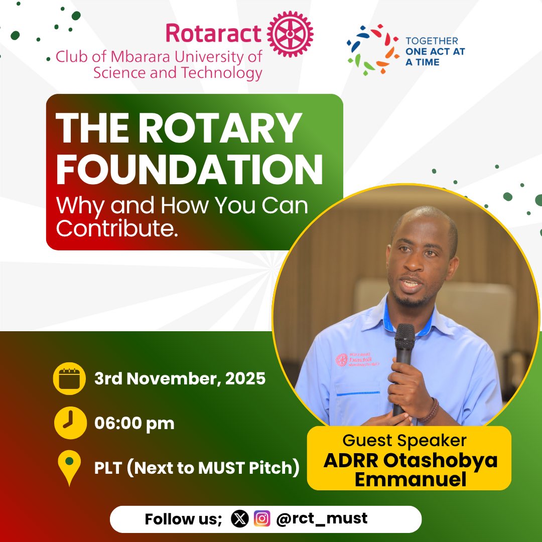 Unlock the Power of Giving! 🌟💖 Join Rotaract Club of MUST on 3rd Nov at 6pm at PLT to learn about The Rotary Foundation. Discover how your contributions can support polio eradication, scholarships, and humanitarian projects. 🤝💪 Be part of creating lasting change! See you🍾🤪
