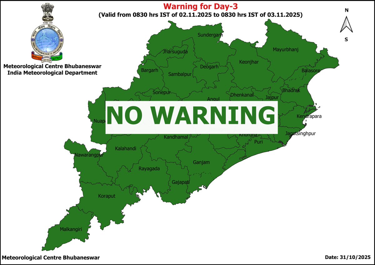 mcbbsr's tweet image. Warnings over the State.
Day-1 &amp;amp; Day-2 : Thunderstorm/Lightning &amp;amp; Gusty Surface Wind Warning.
Day-3 to Day-7 : No Warning.
#thunderstorm #Odisha