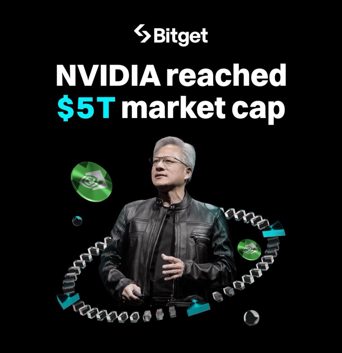 CryptoComm7's tweet image. 🚨 BREAKING: NVIDIA becomes the first chipmaker to reach a $5 TRILLION market cap!The AI boom is real — and $NVDA is leading the charge.Want in? You can trade NVIDIA stock on @bitgetglobal now.#NVIDIA #NVDA #AI #Bitget #InvestSmart