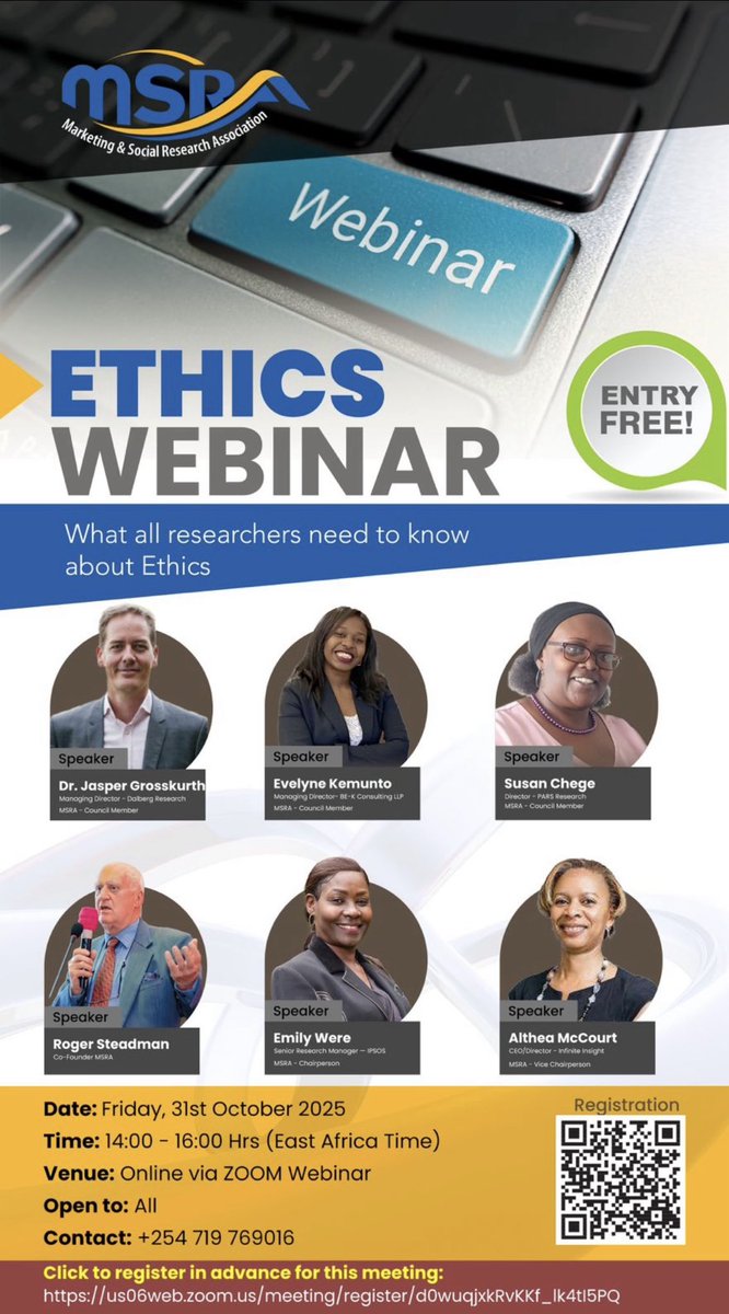 📣HAPPENING TODAY📣 

Today, at the MSRA Ethics Webinar, we’re stripping the conversation down and discussing the unseen weight of our choices as researchers, analysts, and decision-makers.

Time: 14:00 – 16:00 Hrs (EAT)
Register: us06web.zoom.us/meeting/regist…

#msra #ethicswebinar