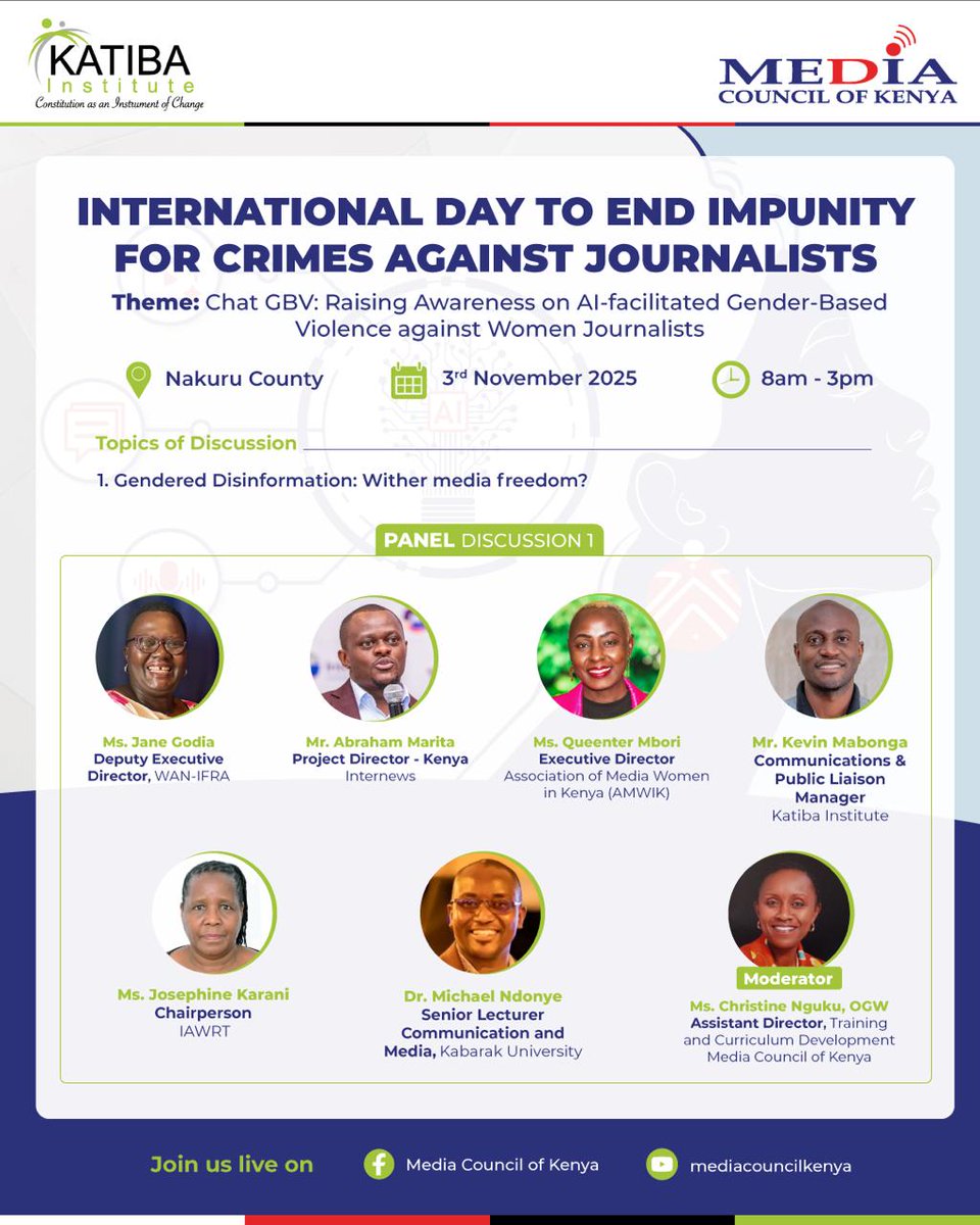 MediaCouncilK's tweet image. End impunity now! Join us in a critical conversation on gendered disinformation and media freedom.

#IDEI2025KE

#EndImpunity

#MediaFreedom

#StopGBV

#WomenInMedia

#AIandMedia