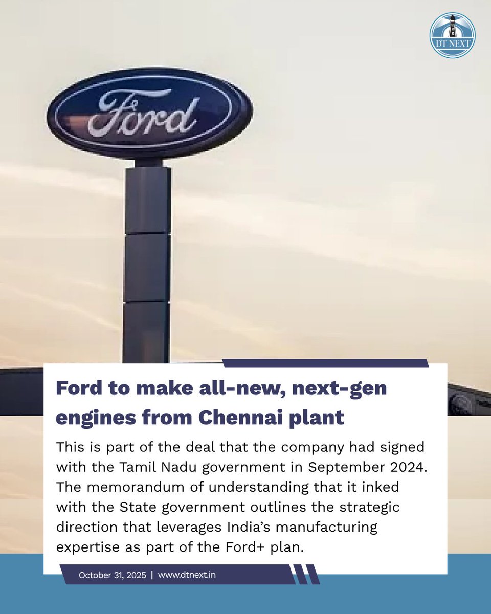 dt_next's tweet photo. American automobile major Ford announced on Friday (Oct 31) that the company will restart its Chennai plant with an investment of Rs 3,250 crore, potentially creating 600 jobs in the state. 

https://t.co/kcNxdAG1PL

#DTNext #Chennai #Ford #Jobs #Automobile #FordFactory #Factory https://t.co/aMa4IHbm8M