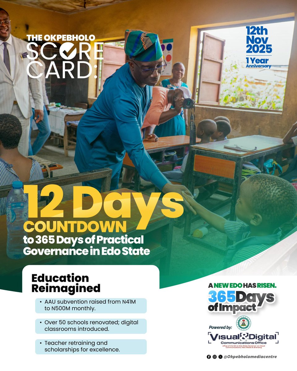 12 Days to complete 365Days of Practical Governance…
#PracticalGovernance
#OkpebholoScorecard
#ANewEdoHasRisen
#ProjectSHINE
#OneYearAnniversary
#Okpebholo1stYear