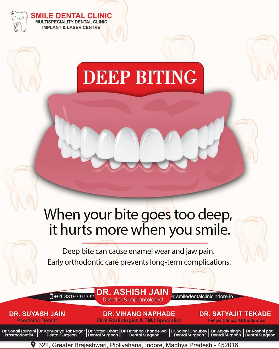 SmileDentalInd's tweet image. When your bite goes too deep, it’s not just about looks—it’s about health. 🦷 A deep bite happens when your upper front teeth overlap too much over the lower ones.
Contact us:+91 83193 97332
..
..
#DeepBite #OrthodonticCare #HealthySmile #DentalAwareness #BiteCorrection