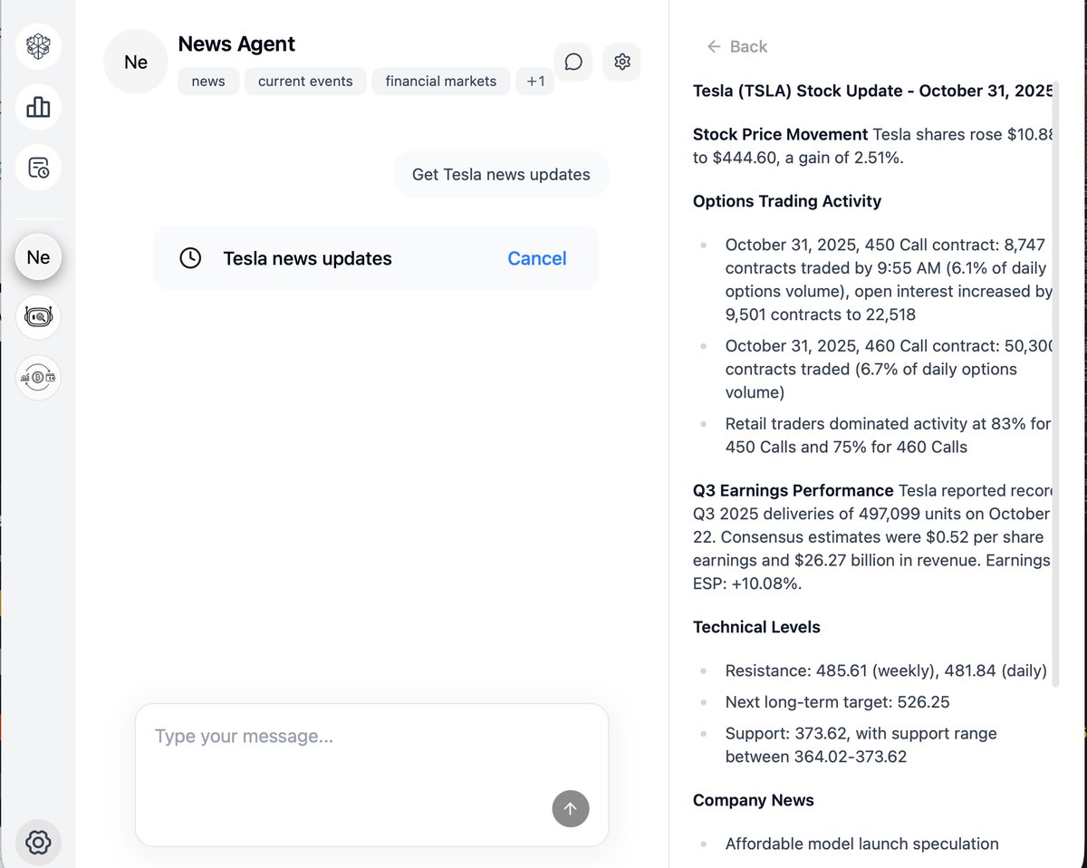 valuecell's tweet image. Real-time market tracking? ✅
Auto news push? ✅
Now you can follow every move of $TSLA,  $NVDA, and other stocks directly in ValueCell.
Try it out — your AI research agent just leveled up 🚀

#ValueCell #OpenSource #AI #Finance