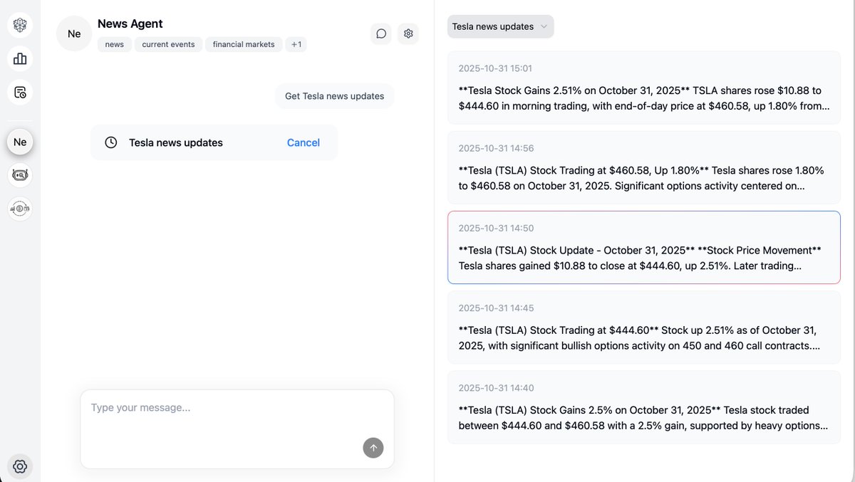 valuecell's tweet image. Real-time market tracking? ✅
Auto news push? ✅
Now you can follow every move of $TSLA,  $NVDA, and other stocks directly in ValueCell.
Try it out — your AI research agent just leveled up 🚀

#ValueCell #OpenSource #AI #Finance