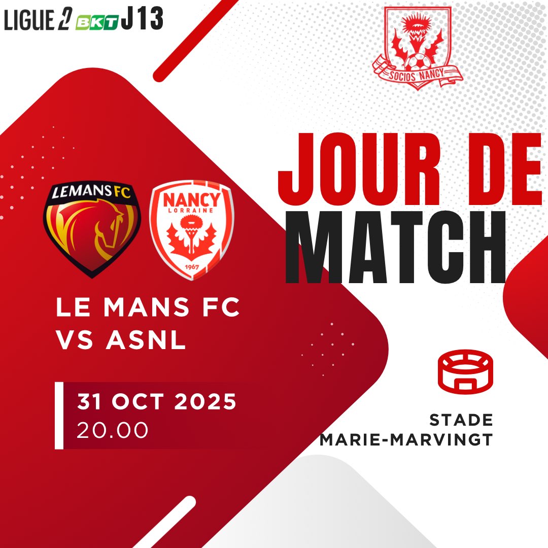 ＪＯＵＲ ＤＥ ＭＡＴＣＨ 🔴⚪️
━━━━━━━━━━━━━━

@ligue2bkt - J13

Déplacement au Mans pour finir la semaine comme elle à commencé : avec une victoire 💪🏻

A suivre sur : 
📻 : <a href="/icisudlorraine/">ICI Lorraine (Meurthe-et-Moselle et Vosges)</a>
📺 : <a href="/beinsports_FR/">beIN SPORTS</a> Max 5

ALLEZ NANCY 🔴⚪️

 #ASNL #Ligue2