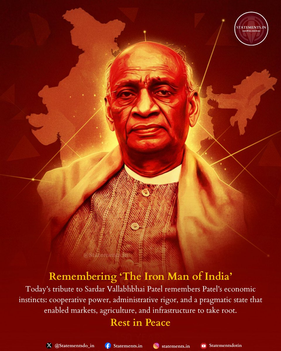 Sardar@150: Beyond political integration, Patel’s economic discipline: cooperatives, institutions, and order helped seed India’s early growth story.
#Sardar150 #NationalUnityDay #StatueOfUnity #SardarPatel #IronManOfIndia #EkBharatShreshthaBharat #NationBuilding #EconomicVision