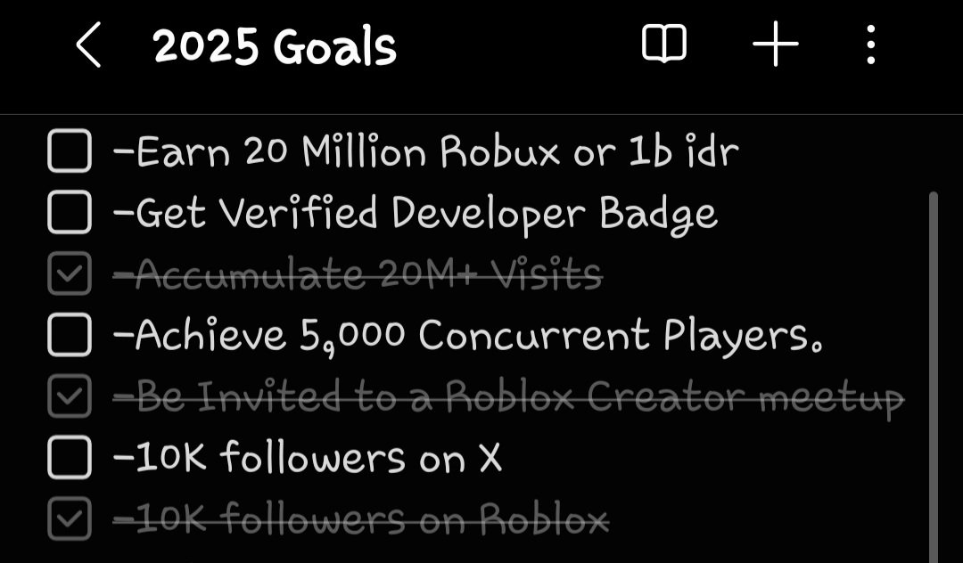 only have 2 months left but here was (and still is) my 2025 dev goals :) #RobloxDev 

goodluck to whatever you're working towards too 🫡