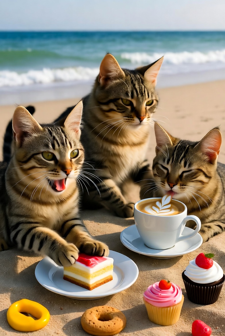 ねこちゃん🐾砂浜で くつろいでる✨☕️🍰✨