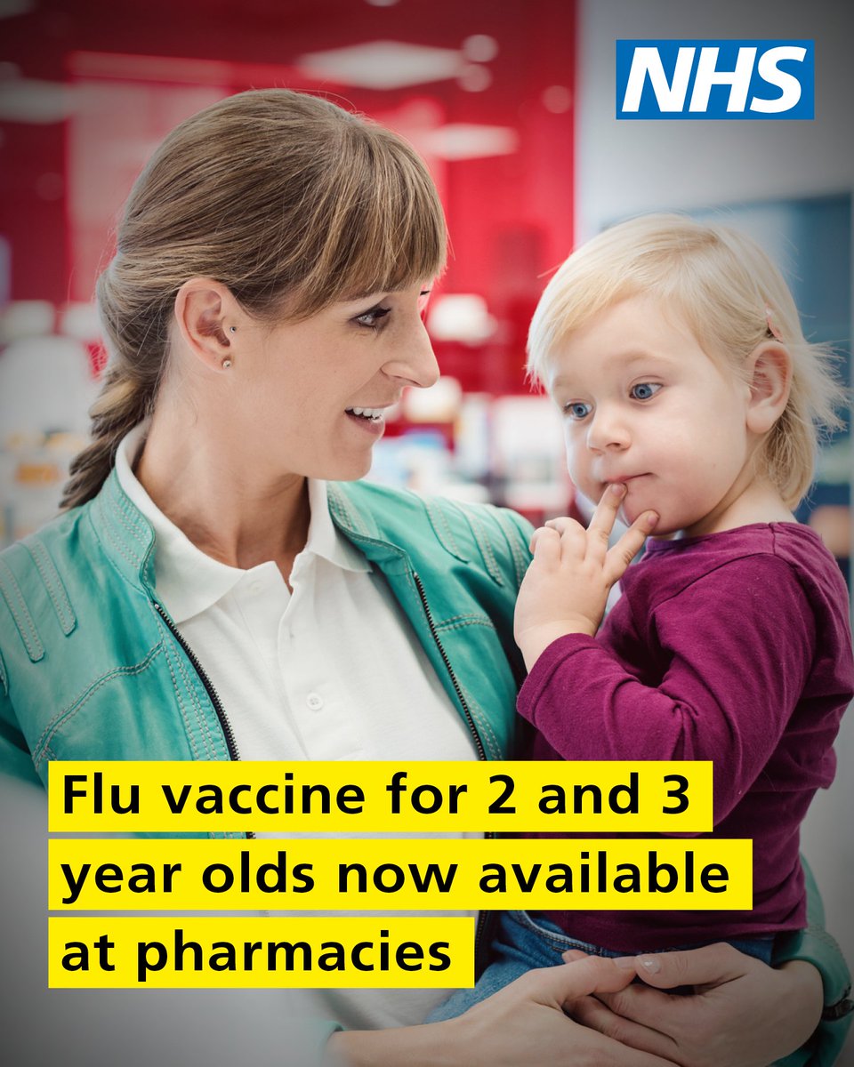 For the first time, parents can now get their 2 and 3 year olds vaccinated at local pharmacies. 

It’s quick, safe and effective. Protect your child this winter.

Book now or find a local pharmacy offering walk-in appointments: nhs.uk/nhs-services/v…