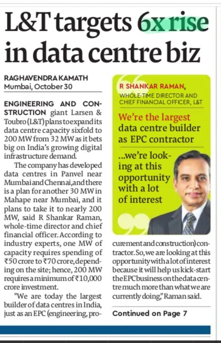 DS0423_SS0515's tweet image. Data center 🔥🔥
L&T target 6× rise in Data center biz
According to industry experts, 1 MW of capacity require spending of 50 cr to 70 cr.
Hence, 200 MW require a minimum of ₹10,000 cr investment .
#Blackbox
#Anantraj
#Netweb
#E2E