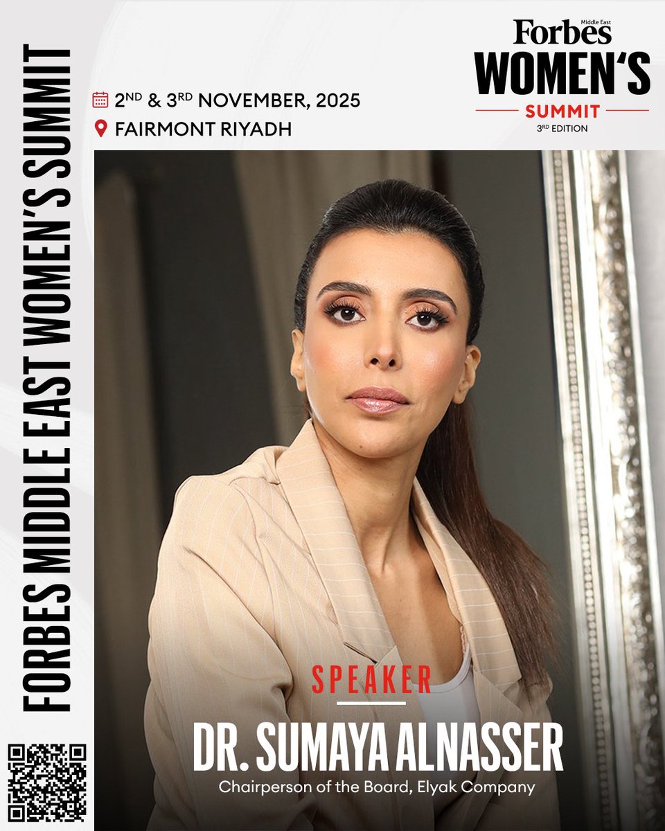 تنضم الدكتورة سمية الناصر، رئيسة مجلس إدارة شركة إلياك، إلى قمة فوربس الشرق الأوسط للمرأة 2025، ضمن أبرز الأصوات الملهمة في الوعي والتمكين.
ستشارك الدكتورة سمية، الكاتبة والمدربة السعودية، برؤيتها حول الوعي والتوازن والقيادة الملهمة لصناعة تأثير حقيقي ومستدام.