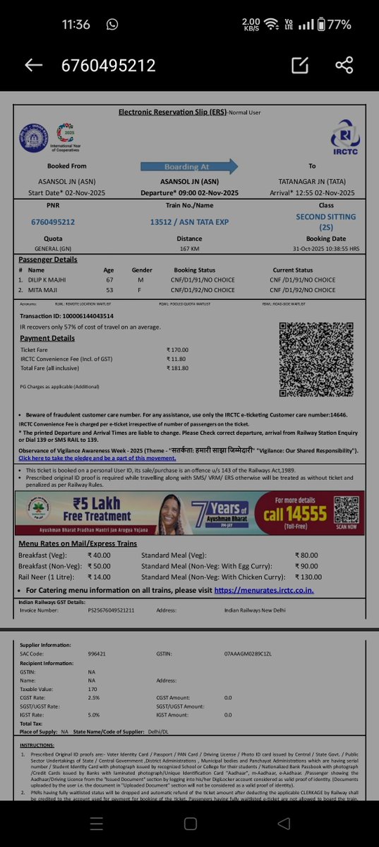 connect2dey's tweet photo. @RailMinIndia wanted to bring to your notice gross misconduct on the part of @IRCTCofficial . My 65+ parents boarded the train from TATA to Asansol on 28th Oct only to find out that the seat numbers 104 &amp; 105 allocated to them did not exist. Seat nos. were only till 90. https://t.co/0sK2lqxuUz