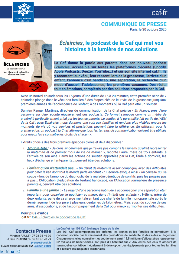 #presse 🗞️

🎧Avec son #podcast  Eclaircies,  la Caf donne la parole aux parents. Grossesse, arrivée d’un  enfant, annonce d’un handicap ou premières vacances en famille, découvrez leurs récits tout en émotions sur leur histoire de vie et les solutions proposées par la Caf.