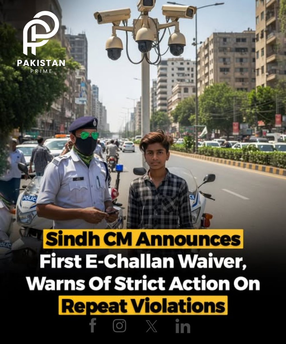 Pakistanprime10's tweet image. Sindh Chief Minister Murad Ali Shah has announced that the first traffic e-challan under the new automated system will be waived, offering citizens one-time leniency.

#Pakistanprime #eChallanSindh #TrafficReform #TRACS