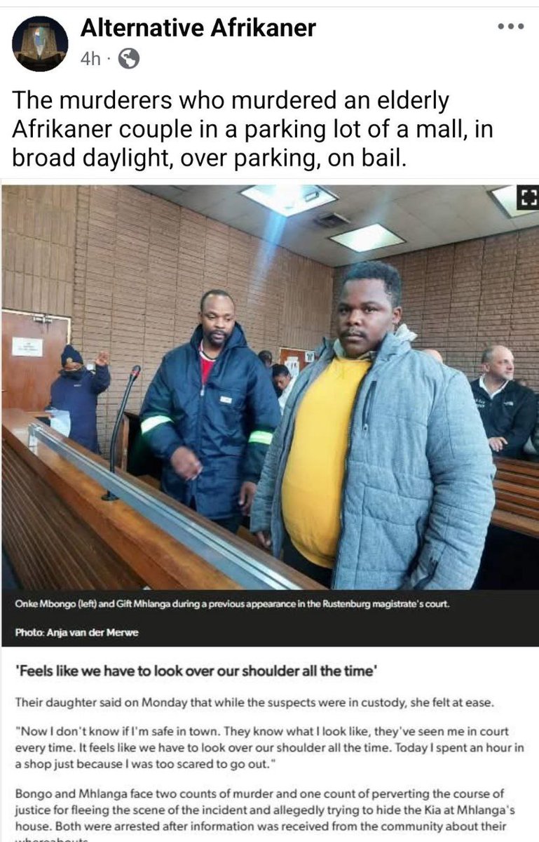 Lolita721611021's tweet photo. 🇿🇦 Bad, bad things are happening in South Africa!

They get bail for killing Afrikaner White couple. https://t.co/na38DwCXzj